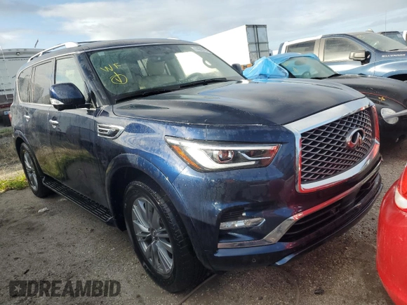 2021 Infiniti QX80 LUXE with VIN JN8AZ2AF1M9716985, listed as a Copart auction lot 74949784 with 0 mi miles and Salvage Title. Bid and sale history available at carsss.com. Image 4.