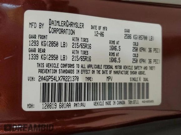 2007 Chrysler Town & Country Touring with VIN 2A4GP54LX7R221370, listed as a Copart auction lot 42526585 with 217,368 mi miles and Salvage Title. Bid and sale history available at DreamBid. Image 14.