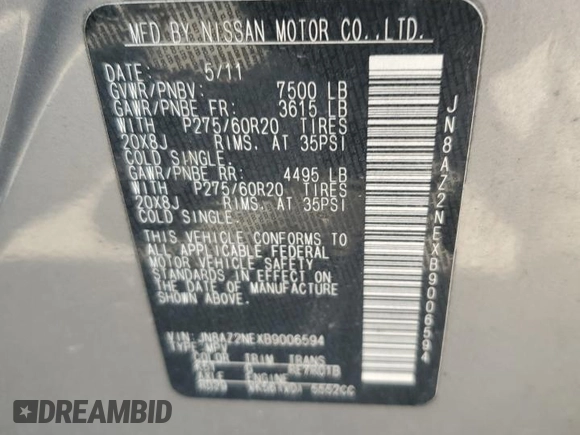 2011 Infiniti QX56 7-passenger with VIN JN8AZ2NEXB9006594, listed as a Copart auction lot 55896974 with Not Provided miles and Clean Title. Bid and sale history available at carsss.com. Image 13.