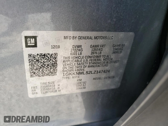 2020 GMC Acadia SLT with VIN 1GKKNMLS2LZ147424, listed as a Copart auction lot 51112945 with 79,032 mi miles and Salvage Title. Bid and sale history available at DreamBid. Image 13.
