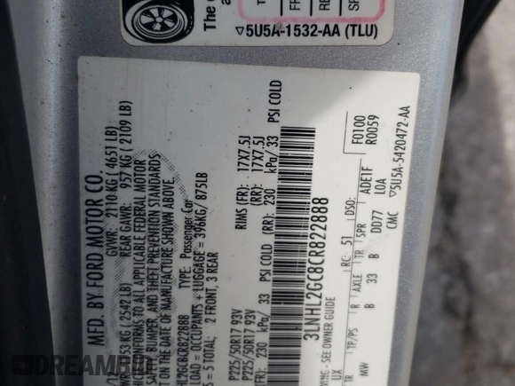 2012 Lincoln MKZ with VIN 3LNHL2GC8CR822888, listed as a Copart auction lot 63281345 with 134,068 mi miles and Salvage title. Bid and sale history available at DreamBid. Image 12.
