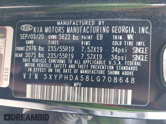 2020 Kia Sorento EX z VIN 5XYPHDA58LG708648, wystawiony jako IAAI lot #42022837 z przebiegiem 80 127 mil mil oraz . Historia ofert i sprzedaży dostępna na DreamBid. Obrazek 9.