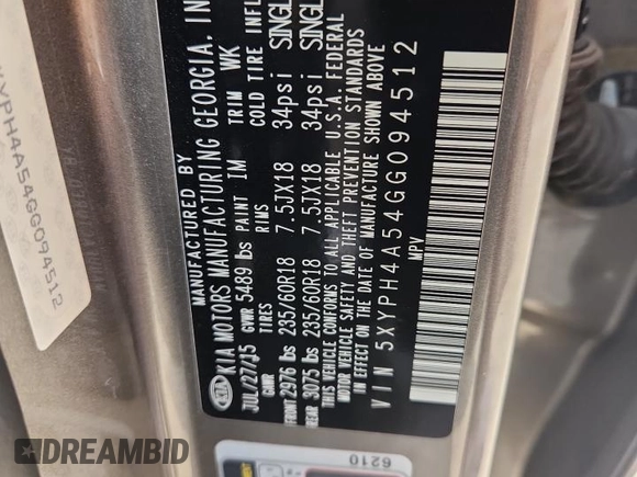 2016 Kia Sorento EX with VIN 5XYPH4A54GG094512, listed as a Copart auction lot 64965125 with 162,565 mi miles and Salvage title. Bid and sale history available at DreamBid. Image 13.