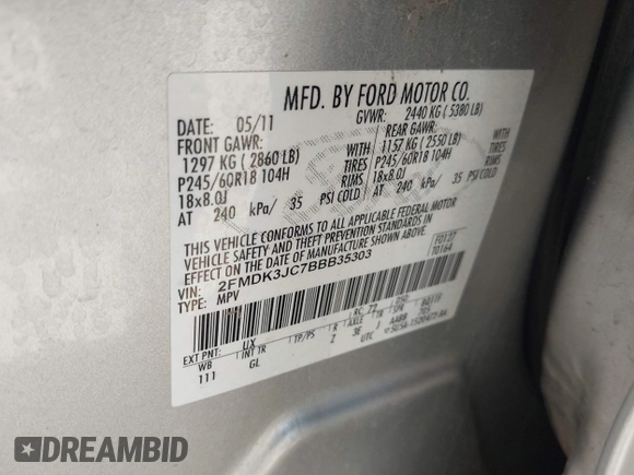 2011 Ford Edge SEL with VIN 2FMDK3JC7BBB35303, listed as a IAAI auction lot 42175466 with 161,517 mi miles and . Bid and sale history available at DreamBid. Image 9.