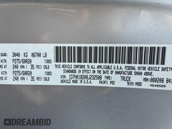 2008 Dodge 1500 SLT with VIN 1D7HA18208J232508, listed as a Copart auction lot 61104895 with 133,697 mi miles and Clean title. Bid and sale history available at DreamBid. Image 10.