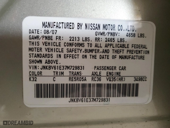 2007 Infiniti G35 Sedan Sport with VIN JNKBV61E37M729831, listed as a Copart auction lot 51118115 with 149,169 mi miles and Salvage Title. Bid and sale history available at carsss.com. Image 12.