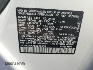 2020 Volkswagen Atlas SE with VIN 1V23C2CA7LC229913, listed as a Copart auction lot 42679504 with 62,480 mi miles and . Bid and sale history available at DreamBid. Image 13.