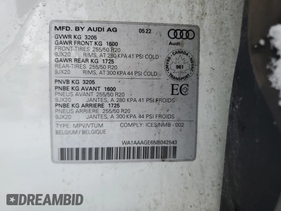 2022 Audi e-tron Premium with VIN WA1AAAGE6NB042543, listed as a Copart auction lot 44607415 with 143,781 mi miles and Salvage Title. Bid and sale history available at carsss.com. Image 13.