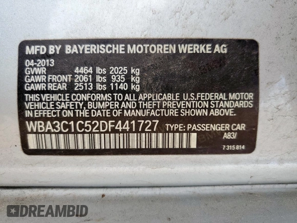 2013 BMW 3 Series 328i z VIN WBA3C1C52DF441727, wystawiony jako Copart lot #58062675 z przebiegiem 72 917 mil mil oraz Szkoda całkowita • Salvage title. Historia ofert i sprzedaży dostępna na DreamBid. Obrazek 12.