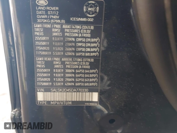 2013 Land Rover Range Rover Sport HSE Lux with VIN SALSK2D45DA770330, listed as a IAAI auction lot 42507147 with 137,007 mi miles and . Bid and sale history available at DreamBid. Image 9.