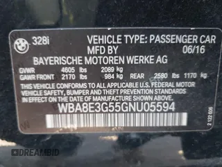 2016 BMW 3 Series 328i xDrive with VIN WBA8E3G55GNU05594, listed as a IAAI auction lot 41634350 with 63,810 mi miles. Bid and sale history available at carsss.com. Image 9.