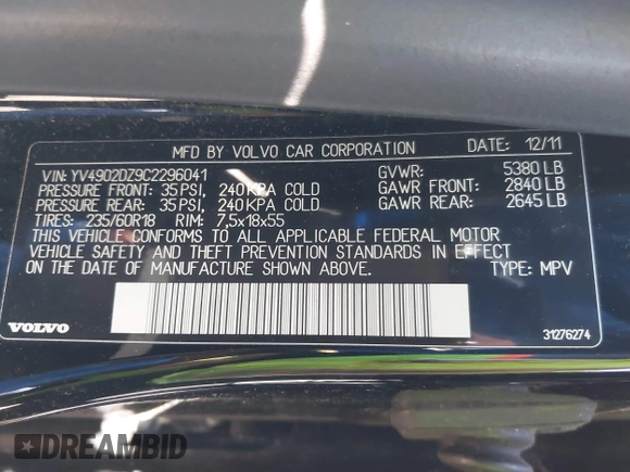 2012 Volvo XC60 3.0L with VIN YV4902DZ9C2296041, listed as a IAAI auction lot 41770526 with 176,392 mi miles and . Bid and sale history available at DreamBid. Image 9.
