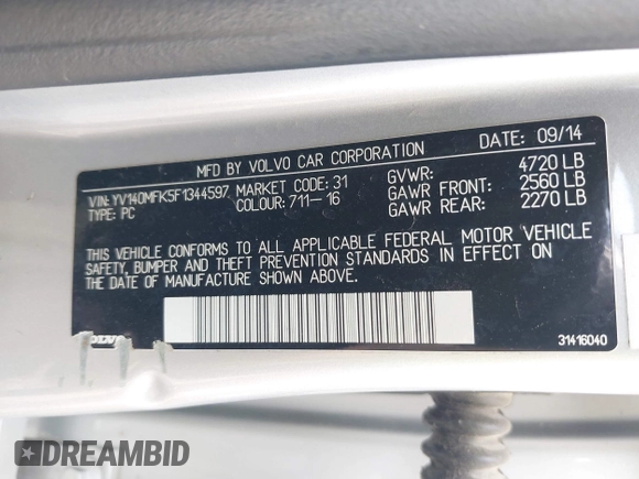 2015 Volvo S60 T5 Drive-E Premier with VIN YV140MFK5F1344597, listed as a IAAI auction lot 41822415 with 103,301 mi miles and . Bid and sale history available at DreamBid. Image 9.