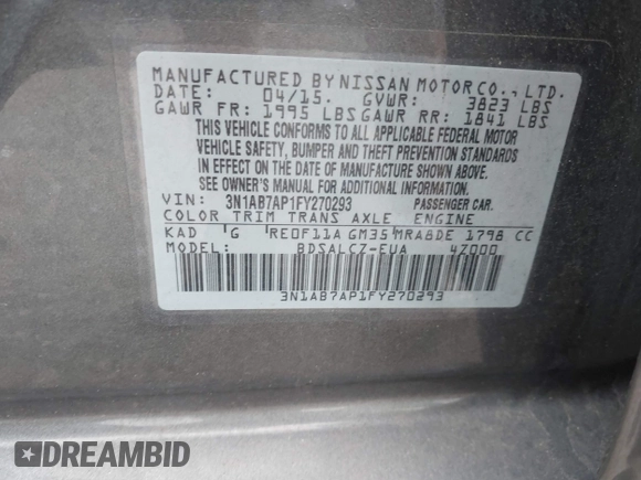 2015 Nissan Sentra SV with VIN 3N1AB7AP1FY270293, listed as a IAAI auction lot 39718212 with 91,586 mi miles and . Bid and sale history available at DreamBid. Image 9.
