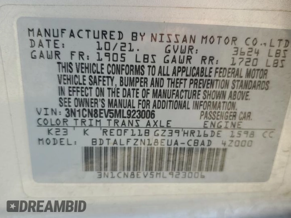 2021 Nissan Versa SV with VIN 3N1CN8EV5ML923006, listed as a Copart auction lot 58546675 with 33,580 mi miles and Salvage title. Bid and sale history available at DreamBid. Image 12.