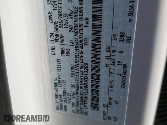 2024 Ford F-150 XL с VIN 1FTFW1L89RKD13209, выставлен на аукционе Copart как лот 56639525 с пробегом 34 277 миль миль и Списание • Salvage title. История ставок и продаж доступна на DreamBid. Изображение 12.