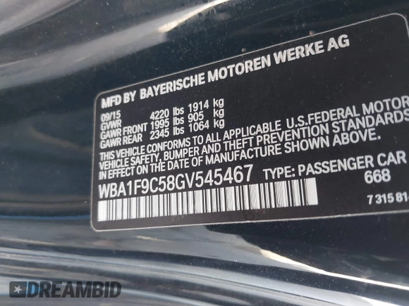 2016 BMW 2 Series 228i with VIN WBA1F9C58GV545467, listed as a IAAI auction lot 41784660 with 163,389 mi miles and . Bid and sale history available at DreamBid. Image 9.