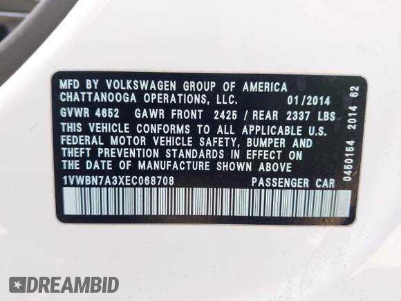 2014 Volkswagen Passat SE с VIN 1VWBN7A3XEC068708, выставлен на аукционе IAAI как лот 42439517 с пробегом 144 563 миль миль и . История ставок и продаж доступна на DreamBid. Изображение 9.