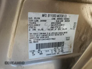 2004 Ford F-150 XLT with VIN 1FTRW12W54KD17862, listed as a Copart auction lot 52005715 with 0 mi miles and Salvage Title. Bid and sale history available at carsss.com. Image 12.