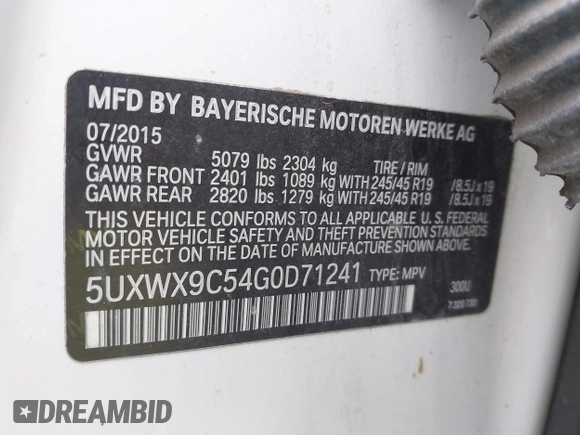 2016 BMW X3 xDrive28i with VIN 5UXWX9C54G0D71241, listed as a IAAI auction lot 41908274 with 190,895 mi miles. Bid and sale history available at carsss.com. Image 9.
