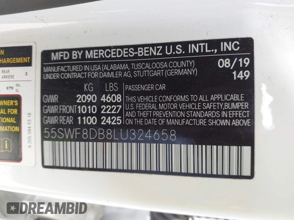 2020 Mercedes-Benz C 300 with VIN 55SWF8DB8LU324658, listed as a IAAI auction lot 42034783 with 71,467 mi miles and . Bid and sale history available at DreamBid. Image 9.