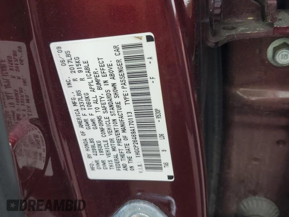 2009 Honda Accord LX-P with VIN 1HGCP26469A170113, listed as a Copart auction lot 50521755 with 113,206 mi miles and Salvage Title. Bid and sale history available at DreamBid. Image 12.