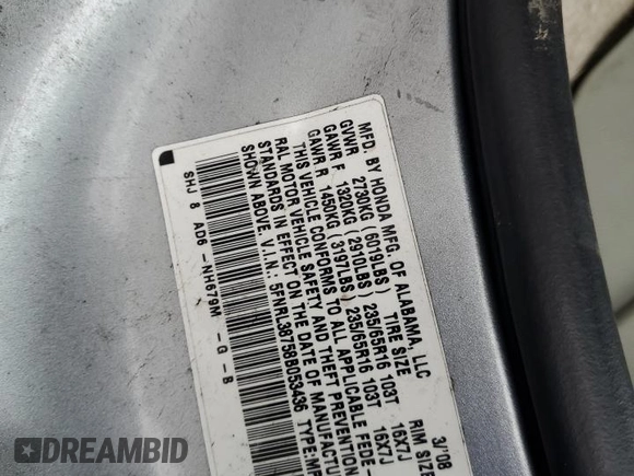 2008 Honda Odyssey EX-L z VIN 5FNRL38758B053436, wystawiony jako Copart lot #58325355 z przebiegiem 161 862 mil mil oraz Czysty tytuł • Clean title. Historia ofert i sprzedaży dostępna na DreamBid. Obrazek 13.