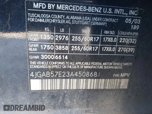 2003 Mercedes-Benz M 350 с VIN 4JGAB57E23A450868, выставлен на аукционе IAAI как лот 41983681 с пробегом 125 468 миль миль и . История ставок и продаж доступна на DreamBid. Изображение 9.