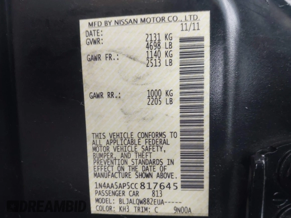 2012 Nissan Maxima S with VIN 1N4AA5AP5CC817645, listed as a IAAI auction lot 41517001 with 224,233 mi miles and . Bid and sale history available at DreamBid. Image 9.