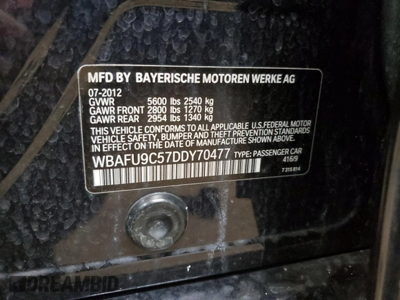 2013 BMW 5 Series 550i xDrive with VIN WBAFU9C57DDY70477, listed as a Copart auction lot 48577095 with 137,695 mi miles and Salvage Title. Bid and sale history available at carsss.com. Image 15.