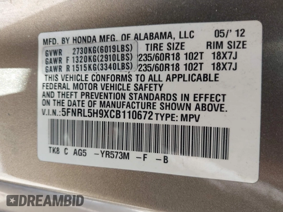 2012 Honda Odyssey Touring with VIN 5FNRL5H9XCB110672, listed as a IAAI auction lot 41826895 with 159,927 mi miles. Bid and sale history available at carsss.com. Image 9.