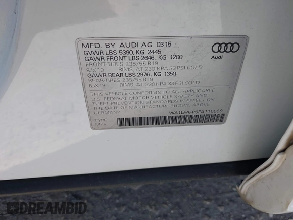 2015 Audi Q5 Premium Plus with VIN WA1LFAFP9FA116669, listed as a IAAI auction lot 41907893 with 115,638 mi miles and . Bid and sale history available at DreamBid. Image 9.