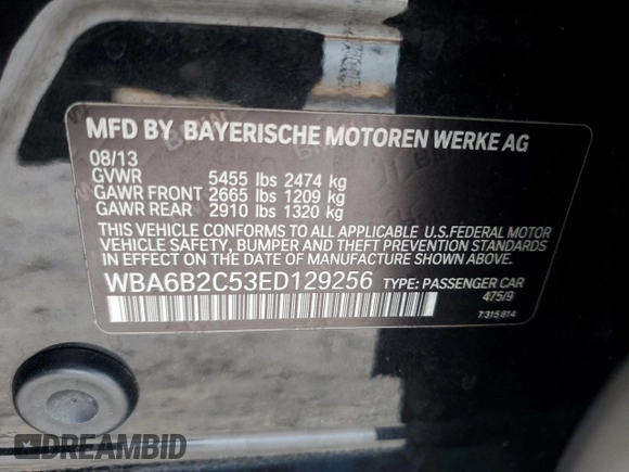 2014 BMW 6 Series 650i z VIN WBA6B2C53ED129256, wystawiony jako Copart lot #85346084 z przebiegiem 51 948 mil mil oraz Szkoda całkowita • Salvage title. Historia ofert i sprzedaży dostępna na DreamBid. Obrazek 13.