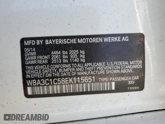 2014 BMW 3 Series 328i with VIN WBA3C1C58EK115651, listed as a Copart auction lot 59307425 with 65,902 mi miles and Salvage title. Bid and sale history available at DreamBid. Image 12.