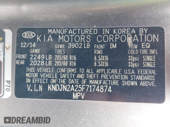 2015 Kia Soul z VIN KNDJN2A25F7174874, wystawiony jako IAAI lot #42433594 z przebiegiem 95 481 mil mil oraz . Historia ofert i sprzedaży dostępna na DreamBid. Obrazek 9.