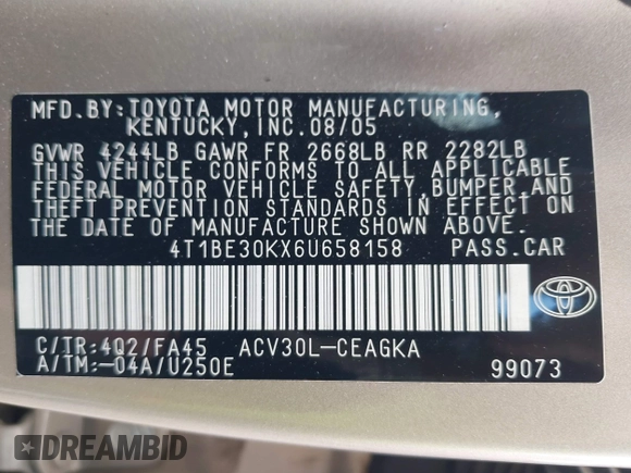 2006 Toyota Camry STD z VIN 4T1BE30KX6U658158, wystawiony jako IAAI lot #42394262 z przebiegiem 102 830 mil mil oraz . Historia ofert i sprzedaży dostępna na DreamBid. Obrazek 9.