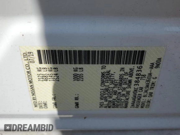 2019 Nissan Maxima SL z VIN 1N4AA6AV0KC384836, wystawiony jako Copart lot #54154615 z przebiegiem 74 395 mil mil oraz Szkoda całkowita • Salvage title. Historia ofert i sprzedaży dostępna na DreamBid. Obrazek 12.