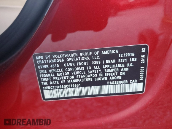 2016 Volkswagen Passat SEL z VIN 1VWCT7A33GC019931, wystawiony jako Copart lot #83206414 z przebiegiem 128 204 mil mil oraz Szkoda całkowita • Salvage title. Historia ofert i sprzedaży dostępna na DreamBid. Obrazek 14.