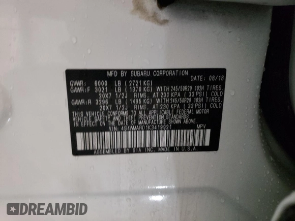 2019 Subaru Ascent Touring with VIN 4S4WMARD1K3419921, listed as a Copart auction lot 39886064 with 108,886 mi miles and Salvage title. Bid and sale history available at DreamBid. Image 13.