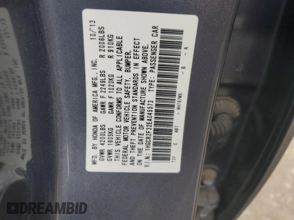 2014 Honda Accord LX z VIN 1HGCR2F32EA045573, wystawiony jako Copart lot #54949005 z przebiegiem 202 231 mil mil oraz Szkoda całkowita • Salvage title. Historia ofert i sprzedaży dostępna na DreamBid. Obrazek 12.