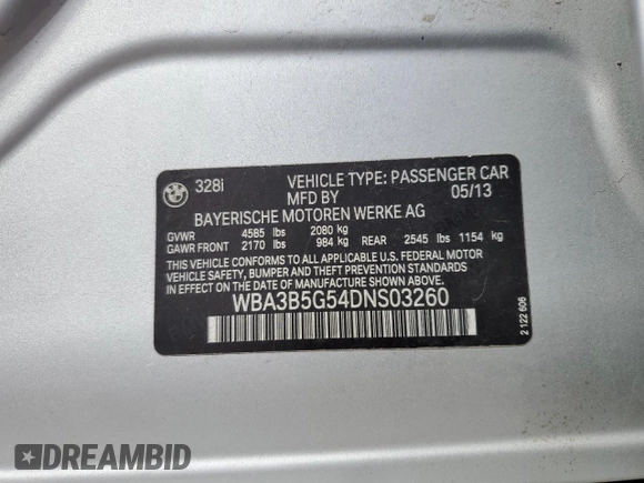 2013 BMW 3 Series 328i xDrive with VIN WBA3B5G54DNS03260, listed as a Copart auction lot 51511735 with 83,922 mi miles and Salvage title. Bid and sale history available at DreamBid. Image 12.
