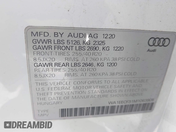 2021 Audi Q3 S line Premium Plus with VIN WA1EECF31M1063905, listed as a IAAI auction lot 41588919 with 31,739 mi miles and . Bid and sale history available at DreamBid. Image 7.