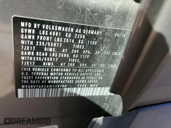 2010 Volkswagen Tiguan SEL with VIN WVGBV7AX2AW528700, listed as a Copart auction lot 76554624 with 134,566 mi miles and Salvage Title. Bid and sale history available at DreamBid. Image 14.