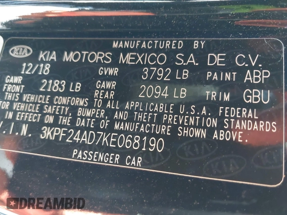 2019 Kia Forte LXS with VIN 3KPF24AD7KE068190, listed as a IAAI auction lot 41954665 with 105,356 mi miles and . Bid and sale history available at carsss.com. Image 9.