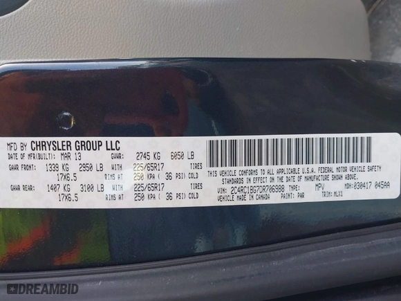2013 Chrysler Town & Country Touring with VIN 2C4RC1BG7DR706988, listed as a IAAI auction lot 41876208 with 139,238 mi miles. Bid and sale history available at carsss.com. Image 9.