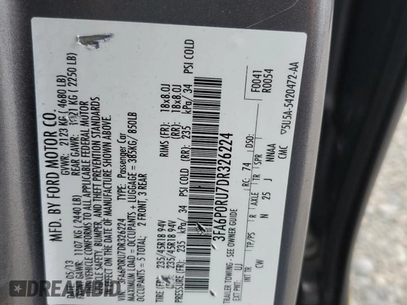 2013 Ford Fusion Titanium Hybrid with VIN 3FA6P0RU7DR326224, listed as a Copart auction lot 61597825 with 256,880 mi miles and Salvage title. Bid and sale history available at DreamBid. Image 12.