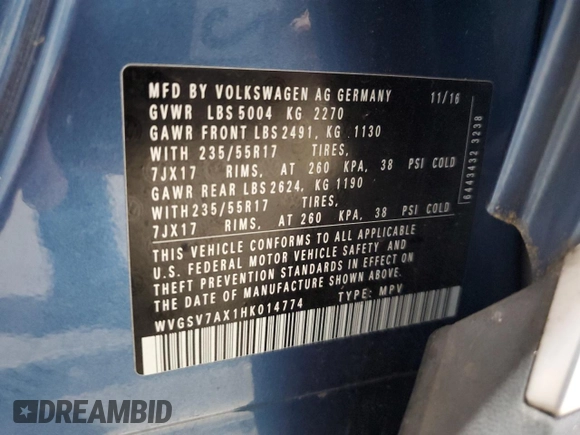 2017 Volkswagen Tiguan Wolfsburg Edition with VIN WVGSV7AX1HK014774, listed as a Copart auction lot 64456925 with 91,999 mi miles and Salvage title. Bid and sale history available at DreamBid. Image 14.