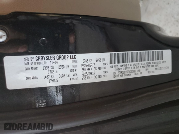 2015 Dodge Grand Caravan SXT with VIN 2C4RDGCG5FR632388, listed as a Copart auction lot 54719625 with 67,996 mi miles and Salvage Title. Bid and sale history available at DreamBid. Image 13.