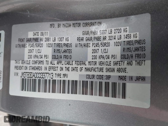 2012 Mazda CX-9 Grand Touring z VIN JM3TB3DA0C0337713, wystawiony jako IAAI lot #42368488 z przebiegiem 184 220 mil mil oraz . Historia ofert i sprzedaży dostępna na DreamBid. Obrazek 9.