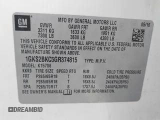 2016 GMC Yukon SLT with VIN 1GKS2BKC5GR374815, listed as a IAAI auction lot 41889495 with 163,464 mi miles. Bid and sale history available at carsss.com. Image 9.